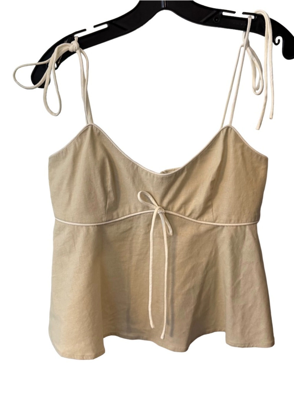 Majorelle Lucy Peplum Top LINEN Blend Khaki W/white Accents Bow Tie Straps Sz M